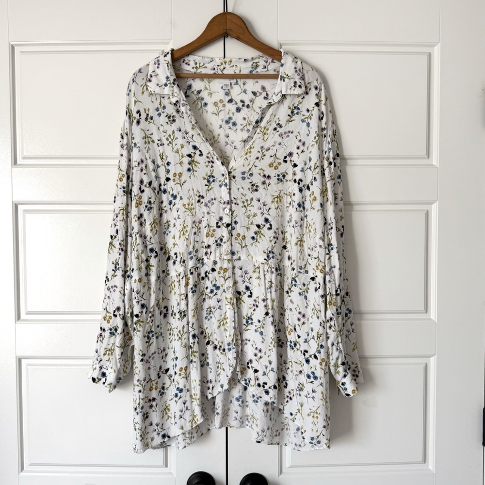 J Jill Floral Tunic Blouse Womens 3X Cream Button Up Long Sleeve Relaxed Cottage